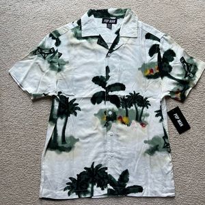 Pop Man Men's Short Sleeve Button Up Shirt Palm Tree Beach Print Green White S